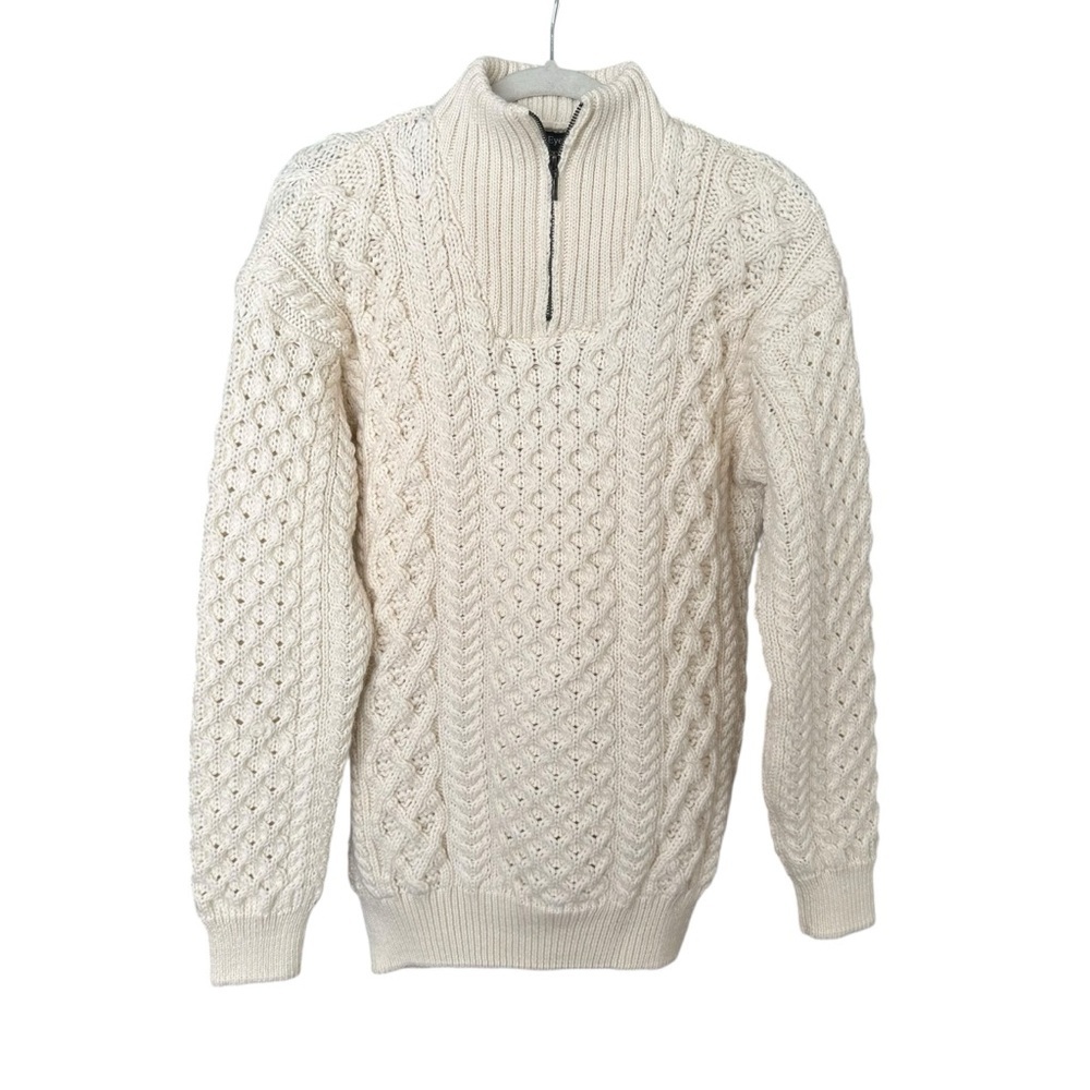 IRELANDS EYE Virgin Wool Quarter Zip Aran Fisherman Sweater Cable Knit Natural
